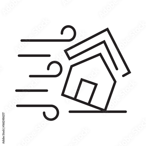 House collapsing from strong winds symbolizing property damage during weather disasters. Suitable for illustrating wind hazards in insurance, construction fields.
