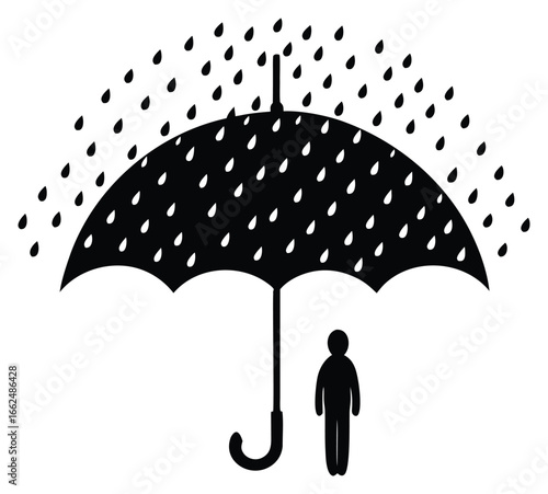 Simple Black Umbrella Shielding Person from Rain Showers Illustration Graphic
