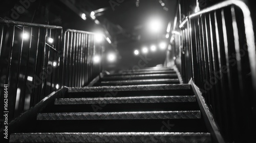 Upward stairs with metal railings lead to a blurred, illuminated area