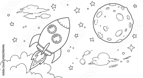 Fototapeta Naklejka Na Ścianę i Meble -  Black and White Rocket Ship Soaring Past the Moon and Stars