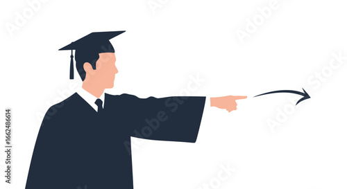 Graduation Success Direction Concept Illustration, A graduate in cap and gown pointing towards a future path, ideal for educational websites and graduation announcements.