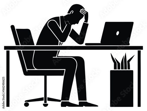 Stressed Businessman at Desk with Laptop Suffering from Business Problems Illustration