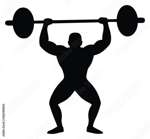 Weightlifter silhouette raises barbell in strong fitness power training pose