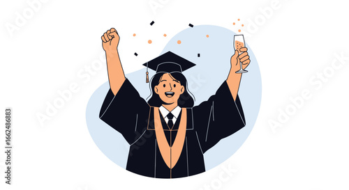 Joyful Graduation Celebration Featuring a Graduate Raising a Glass of Champagne and Confetti. Ideal for educational institutions, commencement announcements, or academic achievement promotions.