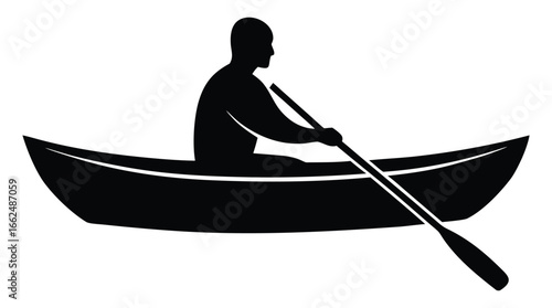 Black and white illustration of a man canoeing on the water