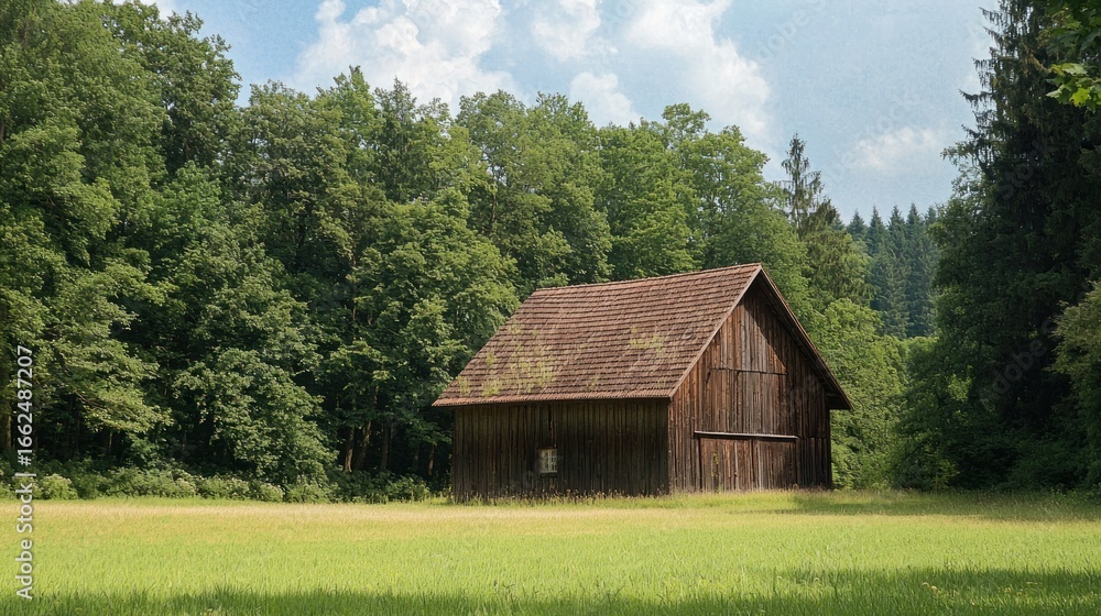 Obraz premium A rustic wooden barn with a sloped roof and a corrugated metal roof, surrounded by a lush green field with trees in the background.