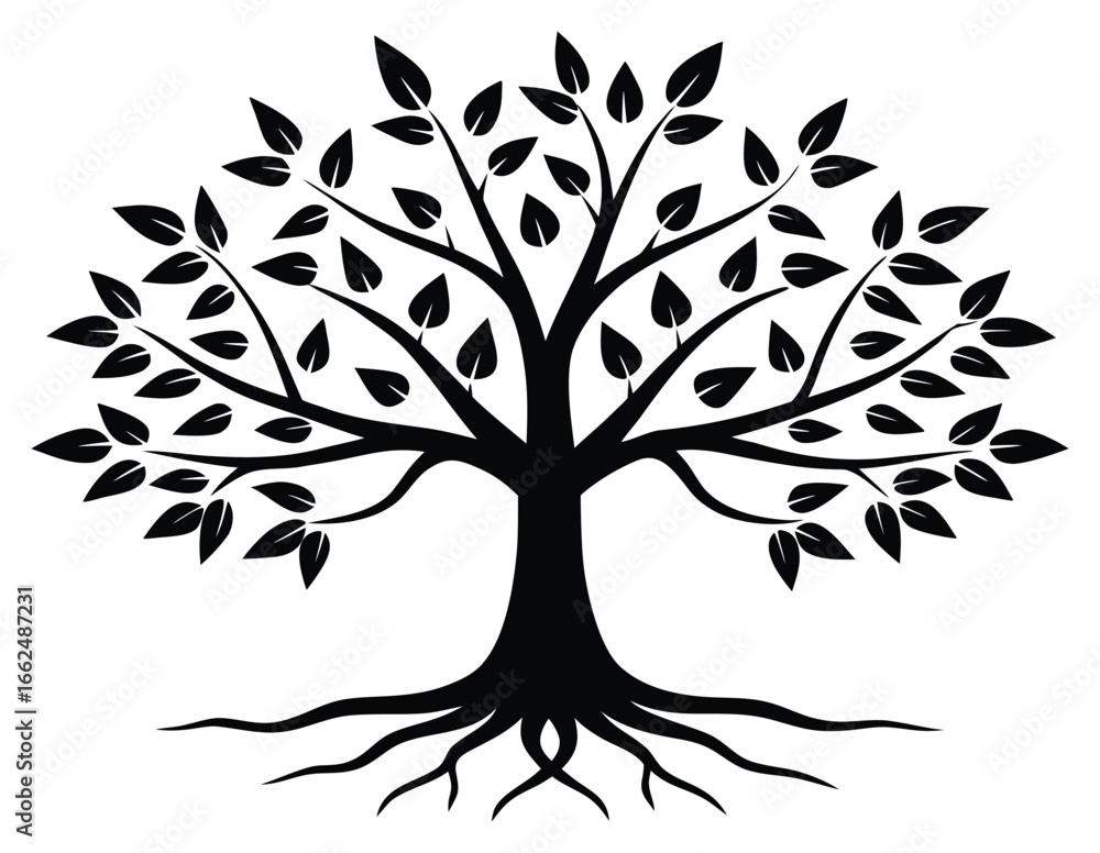 Obraz premium Black and white tree silhouette with detailed leaves and roots illustration