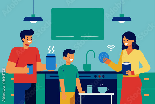 Family Using Smart Home Assistant in Kitchen