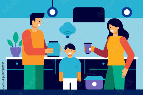 Family Using Smart Home Assistant in Kitchen Illustration