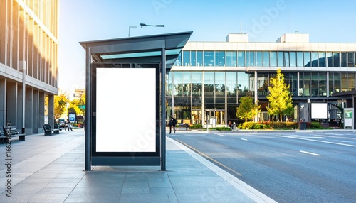 Sunlit City Street with Blank Vertical Billboard Mockup at a Modern Bus Stop.