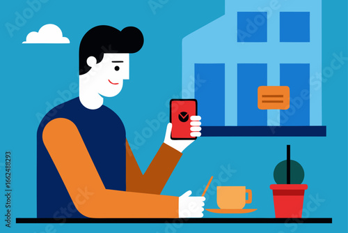Man Using Mobile Banking App at Cafe