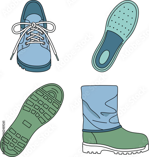 Four different types of footwear, including shoes and boots, displayed in top and bottom views, highlighting sole patterns.