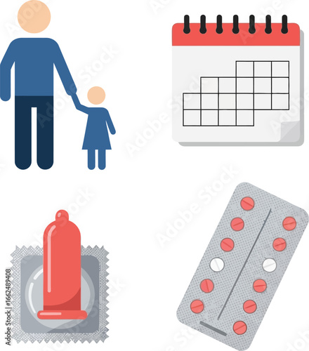 Family planning illustrated: father, child, calendar, contraception.