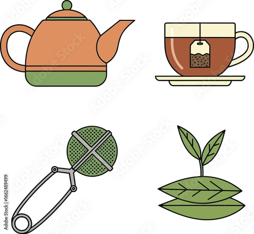 A simple illustration of tea-making essentials: teapot, teacup, infuser, and tea leaves.