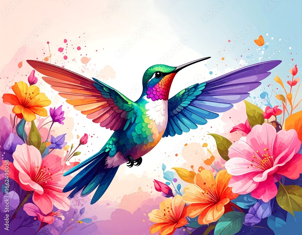 Fototapeta premium Vibrant hummingbird surrounded by colorful flowers (1)