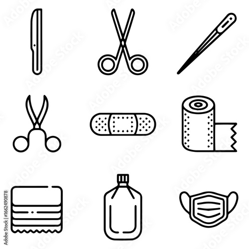 Silhouette Medical and Healthcare Icons: Scissors, Needle, Bandage