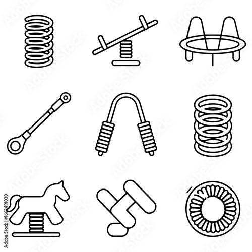 Silhouette Icons of Playground Spring Toys: Seesaw, Trampoline, Horse