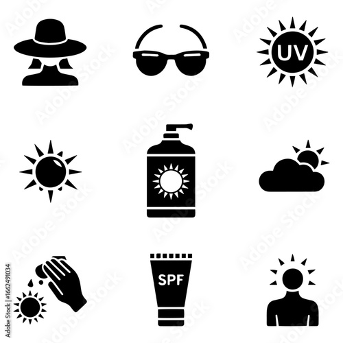 Silhouette Icons of Sun Protection: Sunscreen, Hat, UV Protection