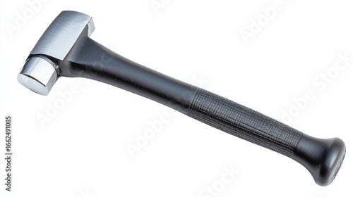 A black and chrome hammer with a black handle, lying on a white surface with a black background.