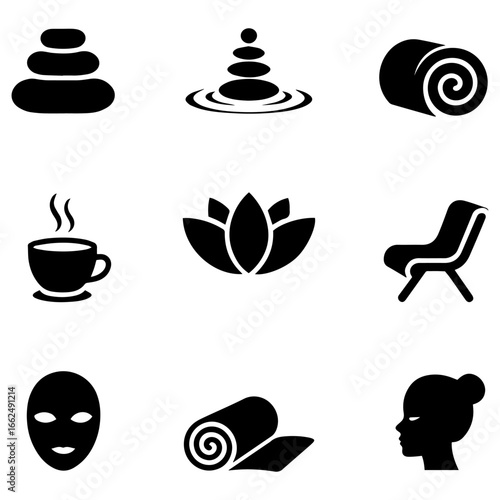 Silhouette Icons for Relaxation and Wellness: Stones, Tea, Yoga