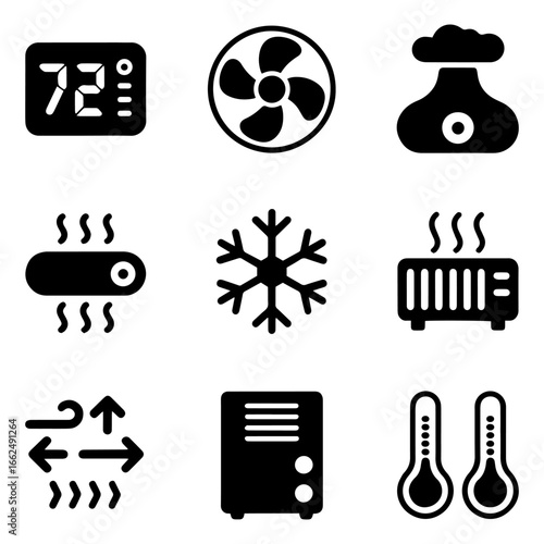 Minimalist Air Conditioning and Heating Icons: Fan, Heater, Thermostat
