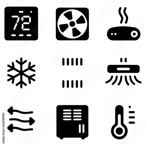 Silhouette Icons of Climate Control Systems: Fan, Heater, Thermostat