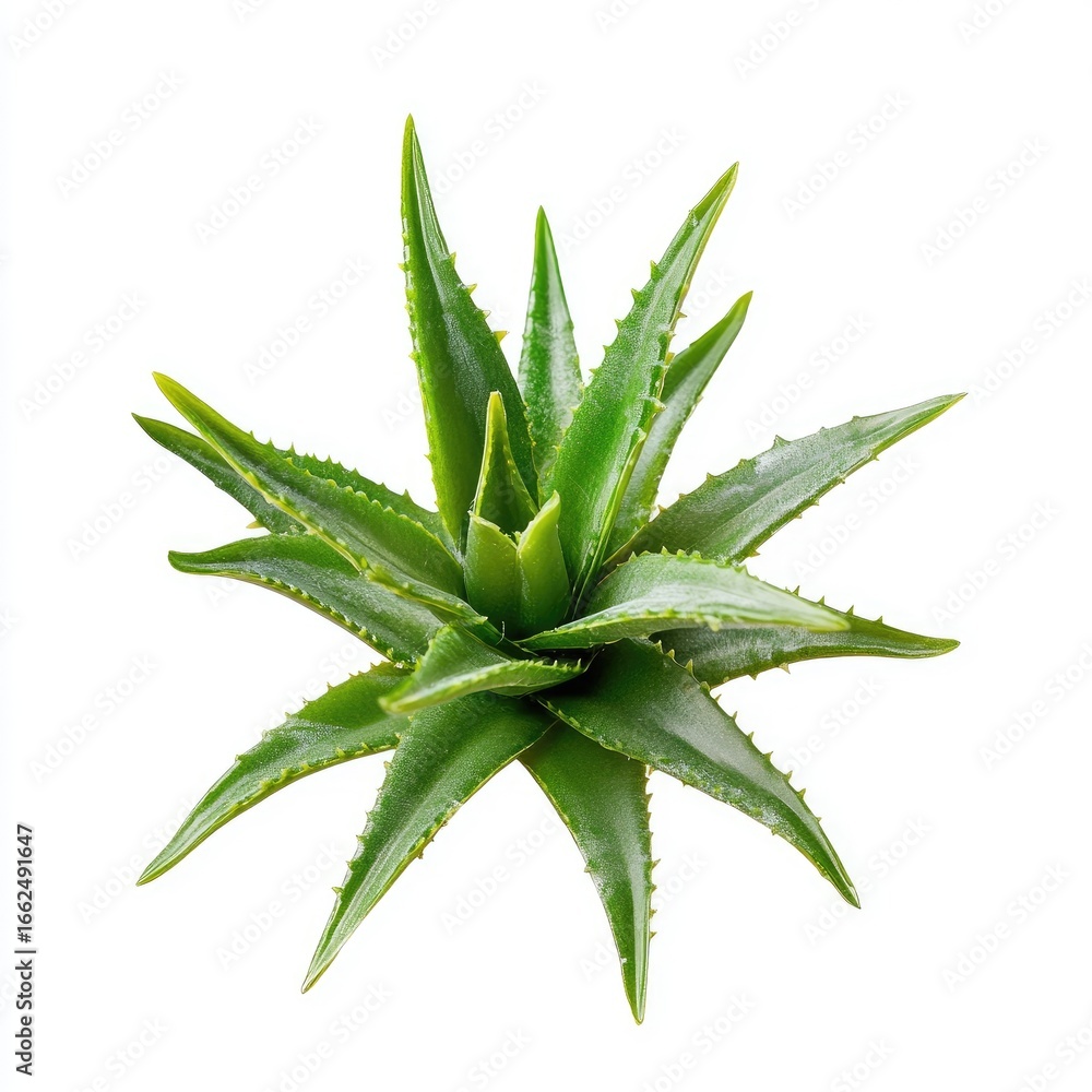 Fototapeta premium Close-up of a vibrant green aloe vera plant, radiating outwards from a central point, with sharply pointed leaves
