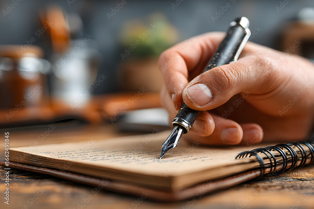 custom made wallpaper toronto digitalclose up of writer's hand holding a pen and writing in notebook on wooden table with blurred background