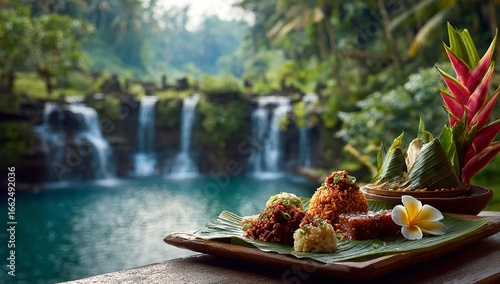 Sushi with Balinese floral decoration on banana leaf plate, set against lush green Bali highlands and bioluminescent pond