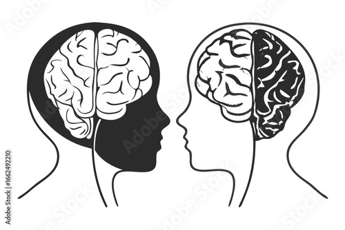 Conceptual illustration of two human profiles with contrasting brains, representing psychological duality, opposite perspectives, and mental communication