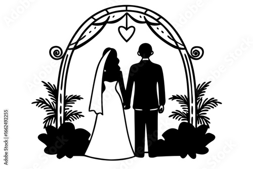 Elegant Black and White Wedding Arch Silhouette with Bride and Groom, Symbolizing Love, Commitment, and Marriage in a Romantic Ceremony