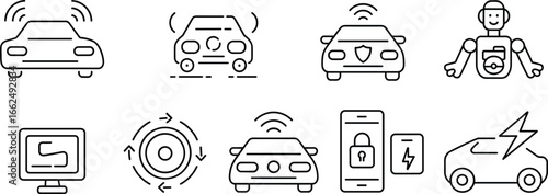 Flat vector illustration of autonomous car icons with smart mobility, AI robot, electric vehicle, self driving, automotive technology, innovation