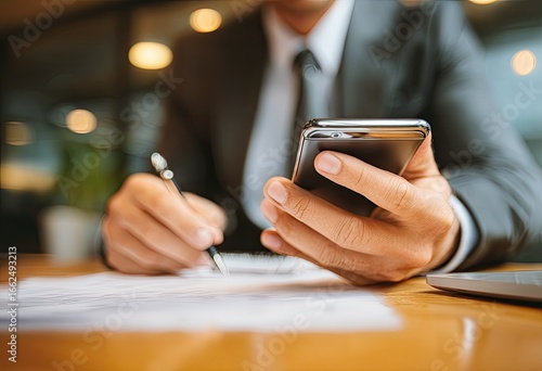 Close-up of a person in a business suit using a smartphone while taking notes