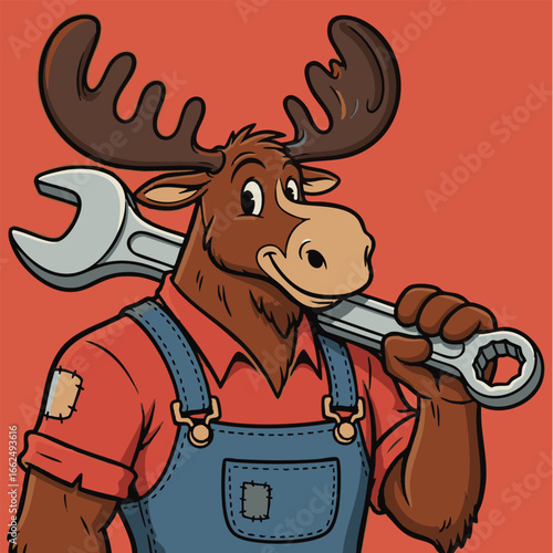 Cartoon Moose Holding a Wrench, Mascot for a Mechanic or Repair Shop