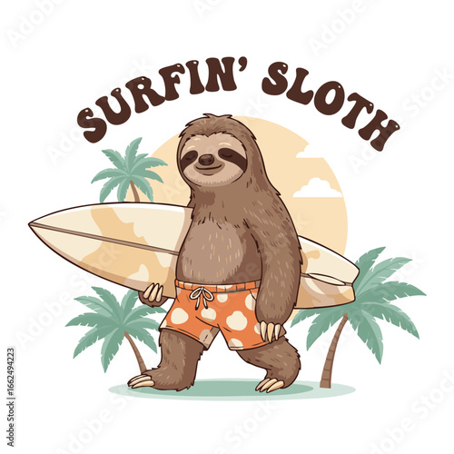 Cute Surfing Sloth Cartoon Illustration with Palm Trees and Beach Vibe