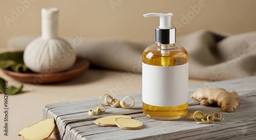 Title: Natural Body Wash with Ginger and Lemongrass on a Wooden Surface