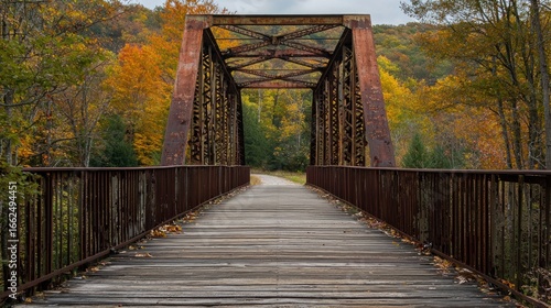Fototapeta Naklejka Na Ścianę i Meble -  A rustic wooden bridge with rusted metal railings, spanning a river with a forested backdrop in autumn colors, featuring a mix of brown, green, and orange hues,