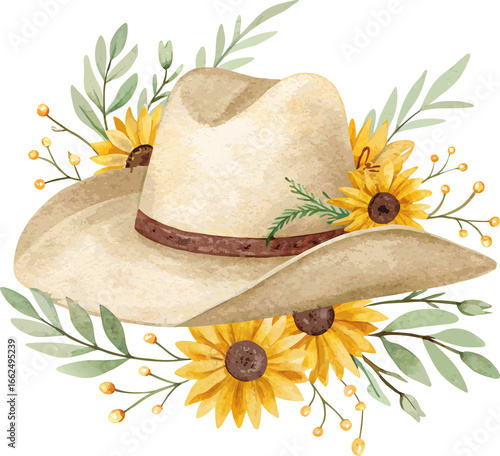 watercolor western cowboy hat with sunflowers illustration