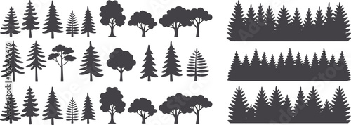 Flat vector illustration of tree silhouettes, pine forest borders, deciduous woodland shapes, natural landscape elements, evergreen plants, outdoor environment design