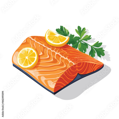flat vector of a salmon fillet with lemon wedge and parsley garnish, healthy protein food