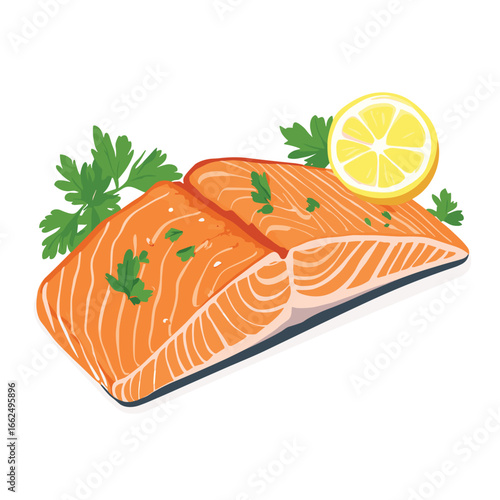 flat vector of a salmon fillet with lemon wedge and parsley garnish, healthy protein food