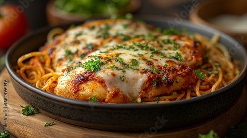 Frango à parmegiana com espaguete