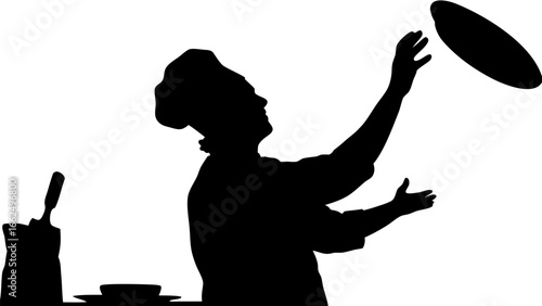 Silhouette of a chef tossing pizza dough in the air with a spatula and ingredients on a table near by