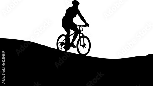 Silhouette of a cyclist riding a mountain bike uphill against a white background on a black hill side
