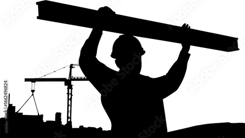 Silhouette of construction worker lifting beam with crane and buildings in the background on white