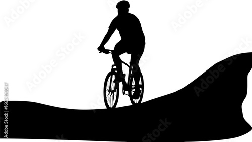 Silhouette of a cyclist riding a mountain bike on a trail with a helmet in a black and white landscape