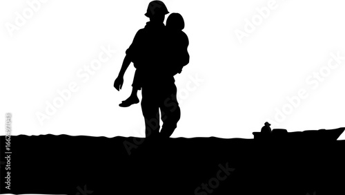 Silhouette of soldier carrying child near boat on water during daytime is shown here clearly