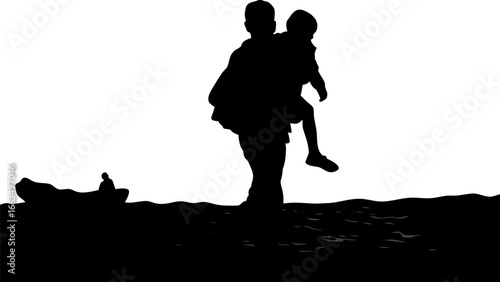 Silhouette of a man carrying a child through water with a boat in the background on a white day