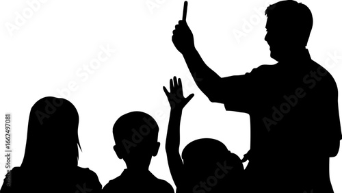 Silhouette of teacher with raised finger and students raising hands in classroom for education concept
