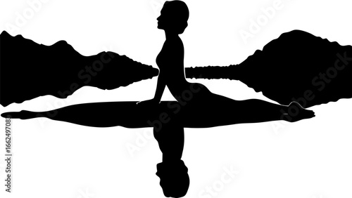 Silhouette of a woman in yoga pose with mountain backdrop and reflection in water creating symmetry art